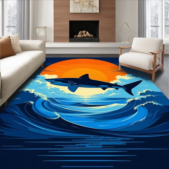 ODIKA 4'x6' Machine Washable Non-Slip Area Rug, Nautical Adventure Theme High Traffic Rug, Blue, 65655