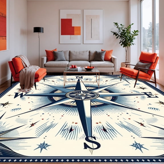 ODIKA 4'x6' Machine Washable Non-Slip Area Rug, Nautical Captain Compass Rose and Interlocking Starburst High Traffic Rug, Blue, 196085
