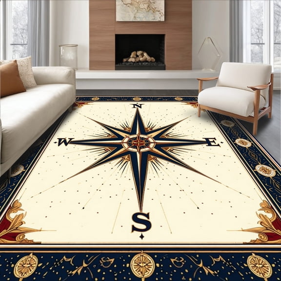 ODIKA 4'x6' Machine Washable Non-Slip Area Rug, Nautical Compass Half Round Elegant Directional Doormat Entrance High Traffic Rug, Beige, 66428