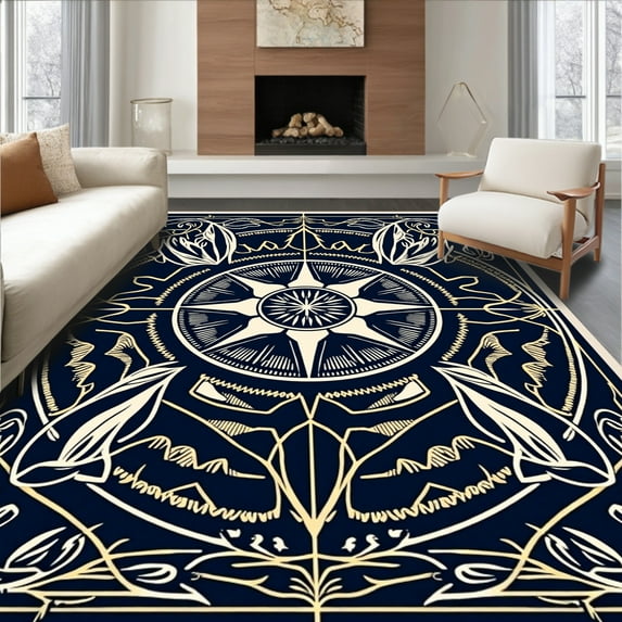 ODIKA 8' Machine Washable Non-Slip Area Rug, Nautical Compass Rose Directional Starburst High Traffic Rug, Navy, 327587