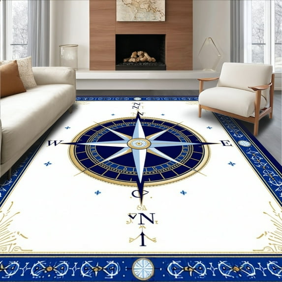 ODIKA 4'x6' Machine Washable Non-Slip Area Rug, Nautical Compass Rose with Marine Symbols and Geometric Oceanic Lines High Traffic Rug, Blue, 140807