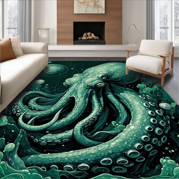 ODIKA 4'x6' Machine Washable Non-Slip Area Rug, Nautical High Traffic Rug, Green, 94245