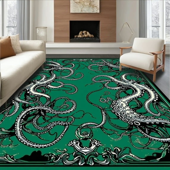 ODIKA 8'x10' Machine Washable Non-Slip Area Rug, Nautical High Traffic Rug, Green, 94249