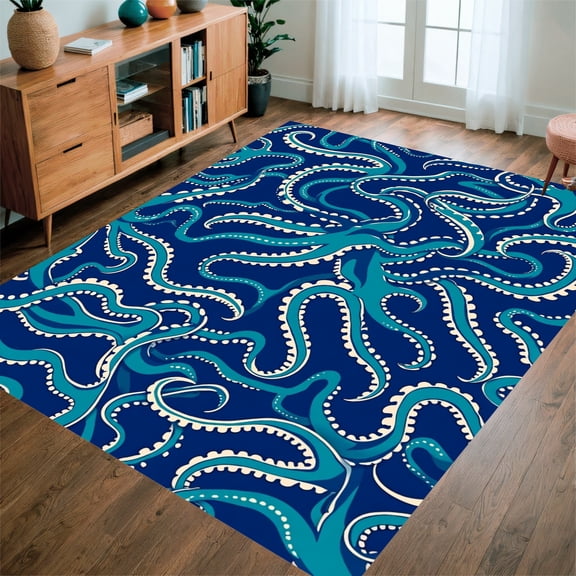 ODIKA 2'x3' Machine Washable Non-Slip Area Rug, Nautical Octopus Tentacle High Traffic Rug, Blue, 319961