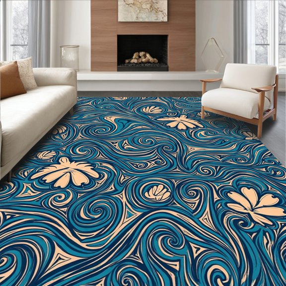Flatwoven High Traffic Area Rug, Nautical Sea Life Waves with Tortoise and Shell Motifs, Non Slip, Stain Resistant, Washable Area Rugs for Living Room, Bedroom(Blue, 2X3)