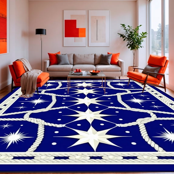ODIKA 4'x6' Machine Washable Non-Slip Area Rug, Nautical Rope Geometric Intermission Design High Traffic Rug, Blue, 188342