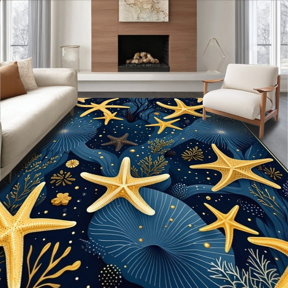 ODIKA 4'x6' Machine Washable Non-Slip Area Rug, Nautical Starfish High Traffic Rug, Blue, 99262