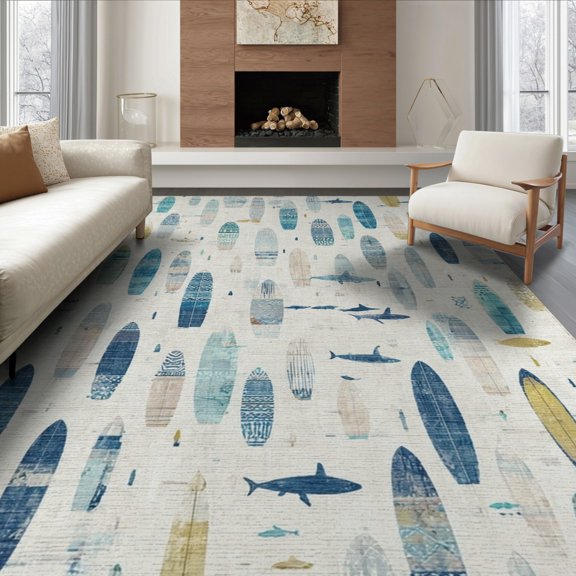 ODIKA 8'x10' Nautical Surfboard Beach House Decor Blue Washable Area Rug Non-Shedding, Easy Care, for King Size Bedroom Under Bed, Master Suite