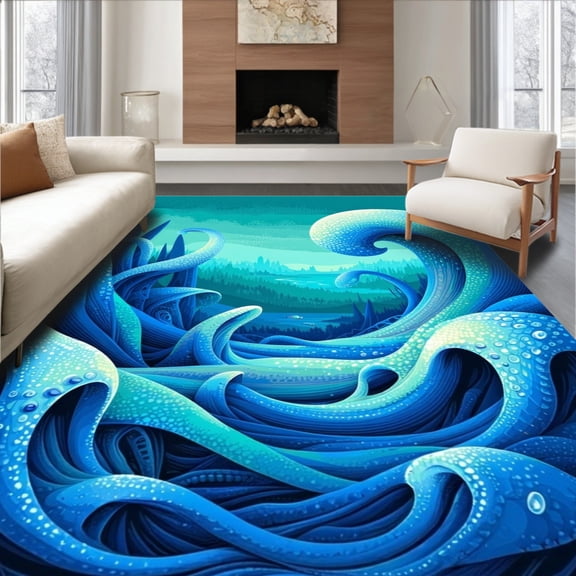 ODIKA 8'x10' Machine Washable Non-Slip Area Rug, Nautical Tentacle Wave Ocean Creature for Bathroom High Traffic Rug, Blue, 59806