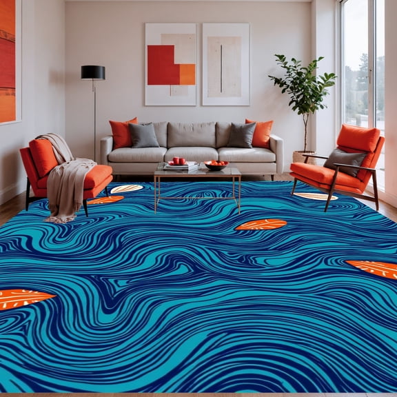 Flatwoven High Traffic Area Rug, Nautical Wave with Stylized Shells and Starfish Accents, Non Slip, Stain Resistant, Washable Area Rugs for Living Room, Bedroom(Blue, 5X7)