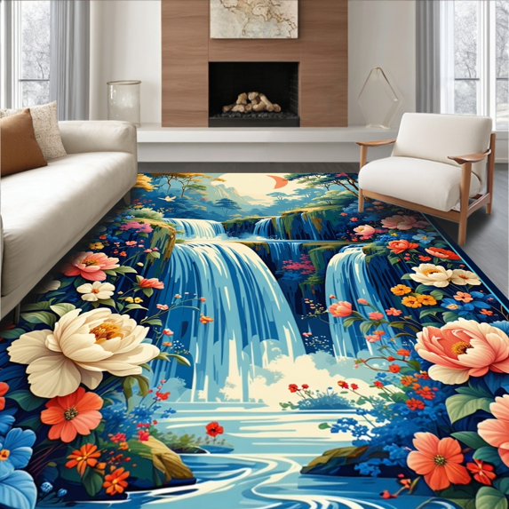 Flatwoven High Traffic Area Rug, Navy Floral Blooming Cascade, Non Slip, Stain Resistant, Washable Area Rugs for Living Room, Bedroom(Blue, 5X7)