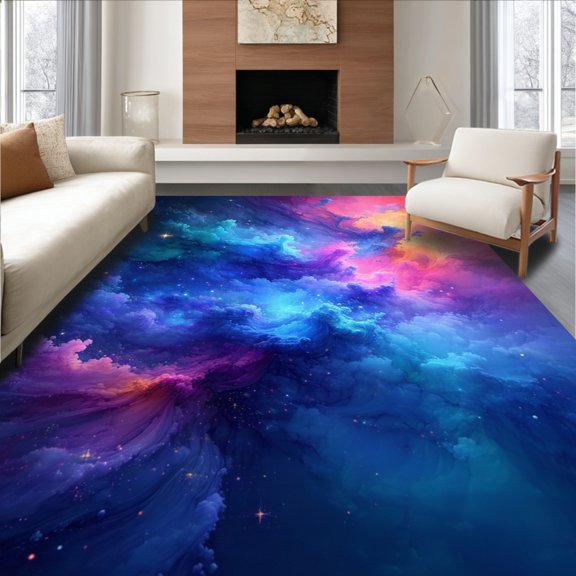 Flatwoven High Traffic Area Rug, Nebula Splash Rug Abstract Starfield Design, Non Slip, Stain Resistant, Washable Area Rugs for Living Room, Bedroom(Blue, 2X3)