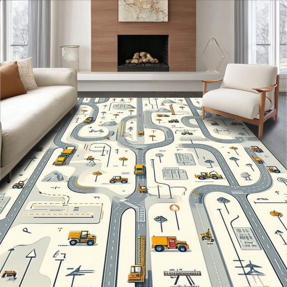 ODIKA 8'x10' Machine Washable Non-Slip Area Rug, Neutral Toned with Road Map and Construction Motifs for Play Areas High Traffic Rug, Gray, 85585