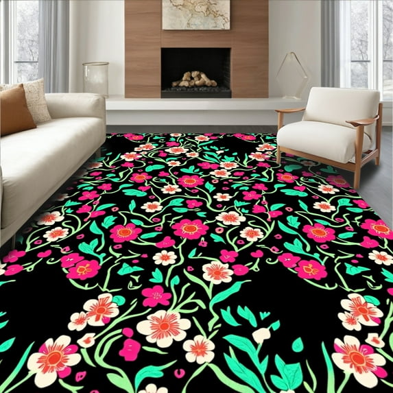 ODIKA 4'x6' Machine Washable Non-Slip Area Rug, Nocturnal Kitty Botanical Eclectic Artistic Design High Traffic Rug, Black, 309182
