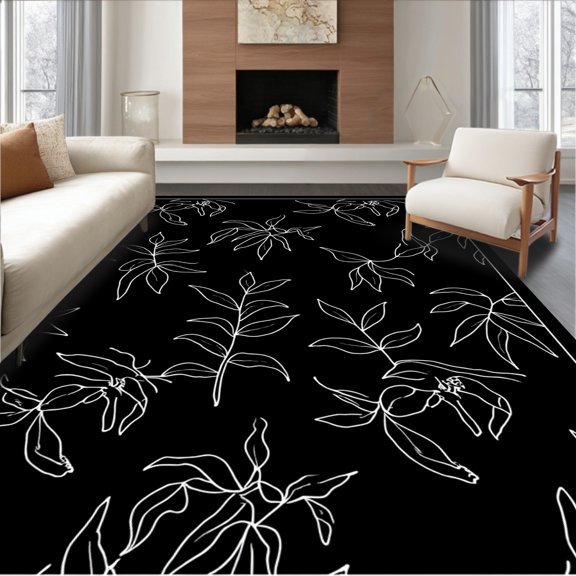 Flatwoven High Traffic Area Rug, Nocturnal Rainforest Motif With Cascading Leaf Elements, Non Slip, Stain Resistant, Washable Area Rugs for Living Room, Bedroom(Black, 4X6)