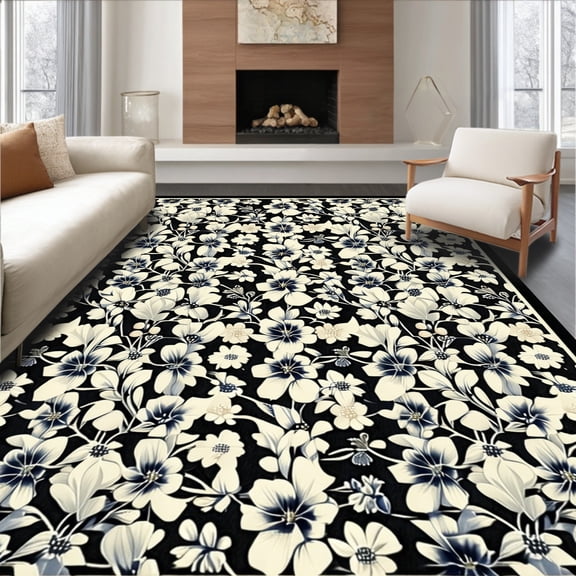 Flatwoven High Traffic Area Rug, Noir Bloom Anthracite Floral Silhouette Motif, Non Slip, Stain Resistant, Washable Area Rugs for Living Room, Bedroom(Black, 2X3)