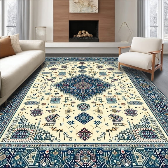 Flatwoven High Traffic Area Rug, Nomadic Trails Collection Beige & Azure Medallion Distinctive Floor, Non Slip, Stain Resistant, Washable Area Rugs for Living Room, Bedroom(Blue, 3X5)