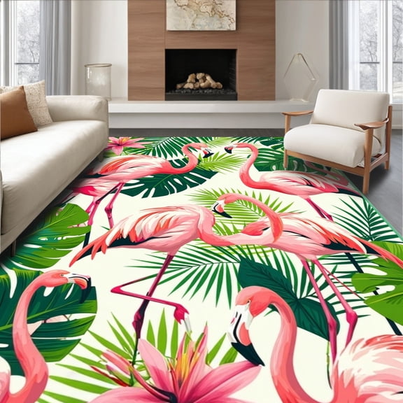 ODIKA 6'x9' Machine Washable Non-Slip Area Rug, Non Shedding Tropical Pink Flamingo High Traffic Rug, Pink, 66980