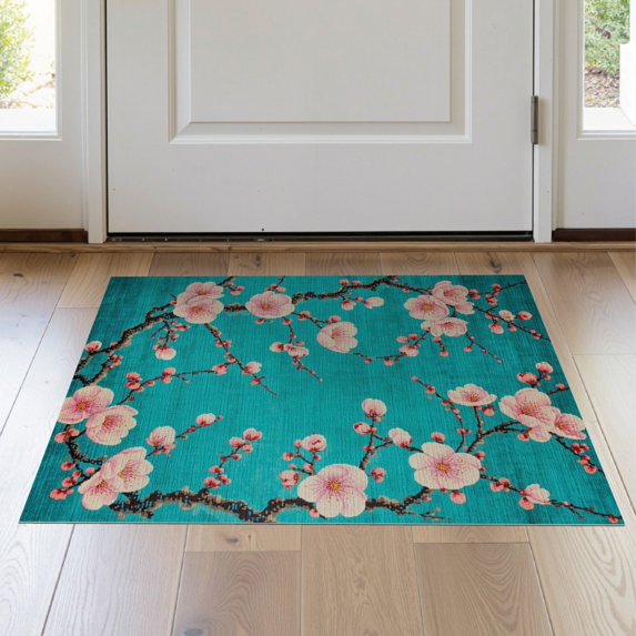 ODIKA 2'x3' Non Slip Cherry Blossom with Artistic Teal and Pink Flower Branch Motif Washable Doormat Non-Slip, Low Pile for Entryway, Kitchen, Laundry Room