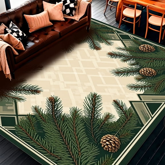 ODIKA 4'x6' Machine Washable Non-Slip Area Rug, Nordic Inspired Pinecone Lattice With Rustic Geometric Motifs High Traffic Rug, Green, 166029
