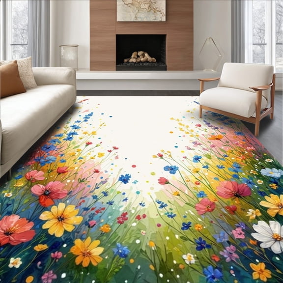 ODIKA 2'x3' Machine Washable Non-Slip Area Rug, Nostalgic Wildflowers Meadow Dot High Traffic Rug, Yellow, 198387