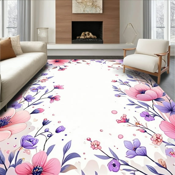ODIKA 3'x5' Machine Washable Non-Slip Area Rug, Nursery Floral High Traffic Rug, Pink, 81475
