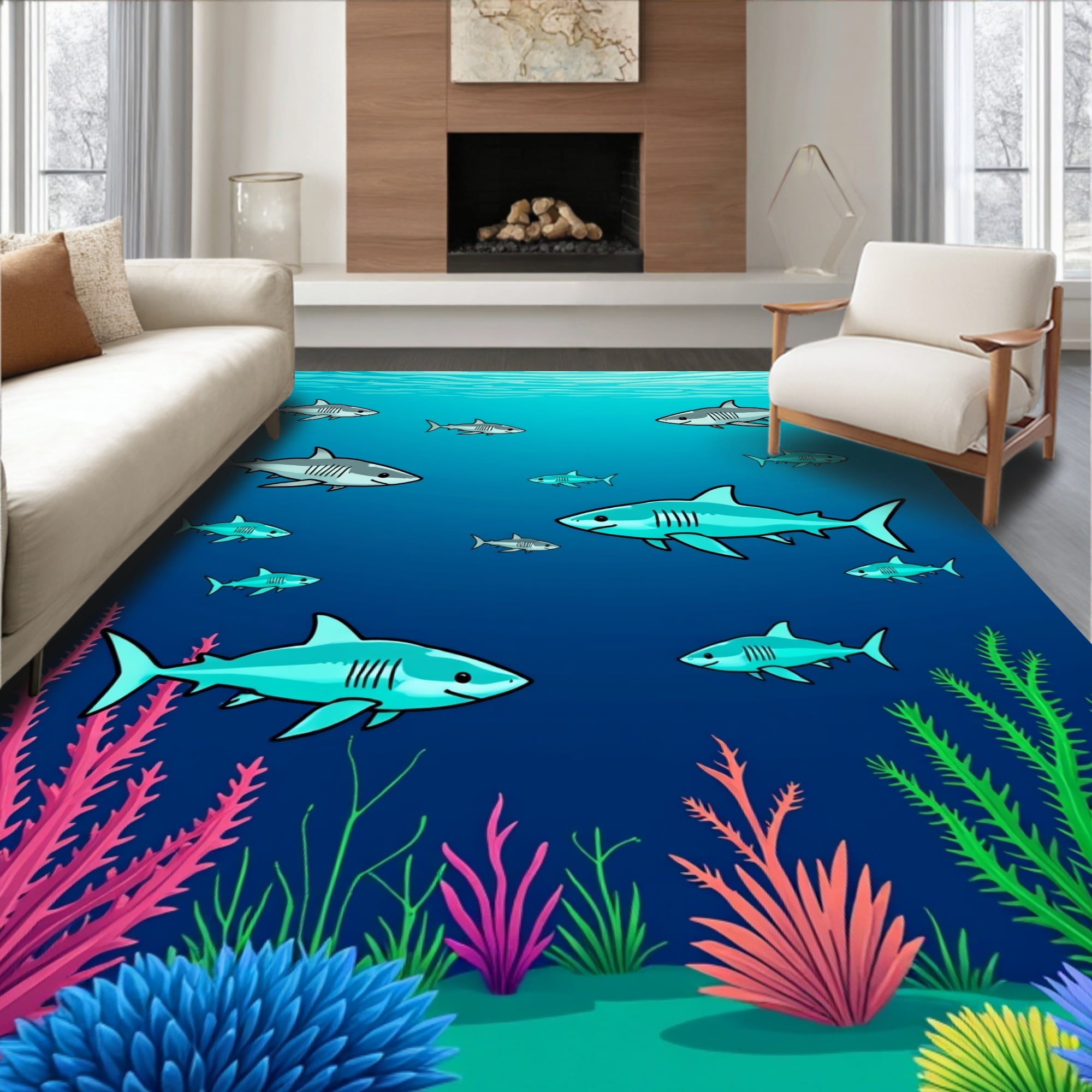 Flatwoven High Traffic Area Rug, Ocean Apex Predator Nautical Area with ...