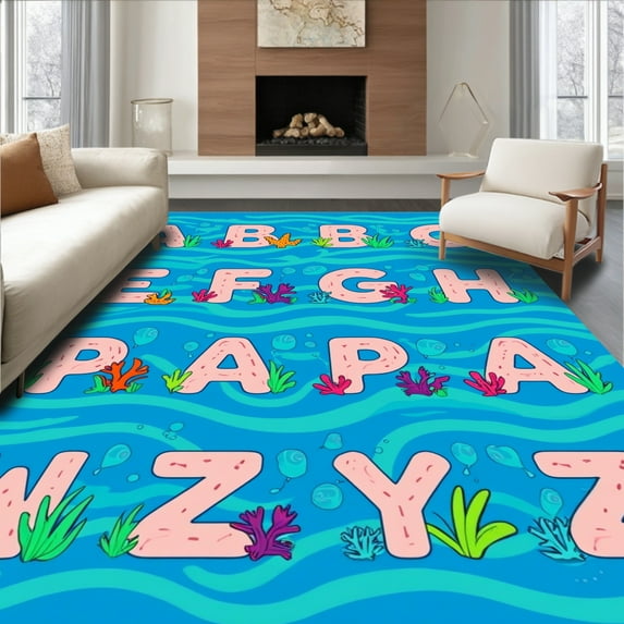 Flatwoven High Traffic Area Rug, Ocean Depths Alphabet Sea Creature Mat, Non Slip, Stain Resistant, Washable Area Rugs for Living Room, Bedroom(Blue, 6X6)