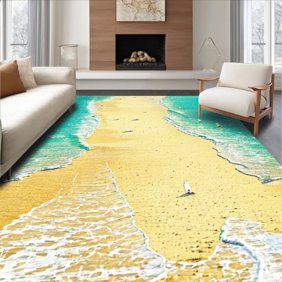 ODIKA 2'x3' Machine Washable Non-Slip Area Rug, Ocean Surf Tropical Beach Scene Bath Vibe High Traffic Rug, Beige, 38542