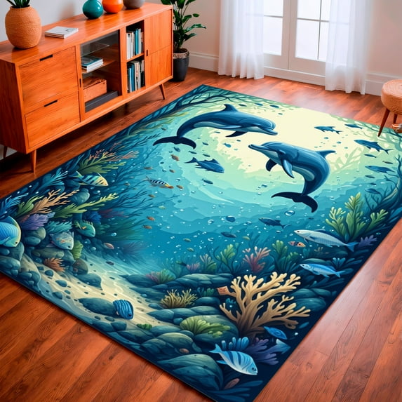 ODIKA 5'x7' Machine Washable Non-Slip Area Rug, Ocean Themed Showcasing Marine Life and Seaweed Motifs High Traffic Rug, Blue, 140515