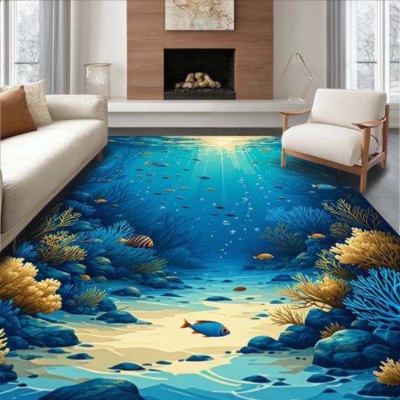 ODIKA 4'x6' Machine Washable Non-Slip Area Rug, Ocean Exploration Showcasing Marine Life and Wavy Coral High Traffic Rug, Blue, 282264