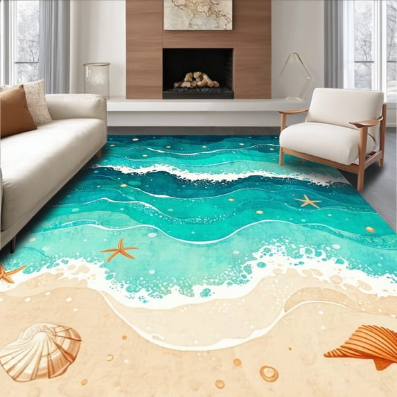 ODIKA 2'x3' Machine Washable Non-Slip Area Rug, Ocean Wave Bliss Circle with Starfish and Seashells High Traffic Rug, Blue, 87371