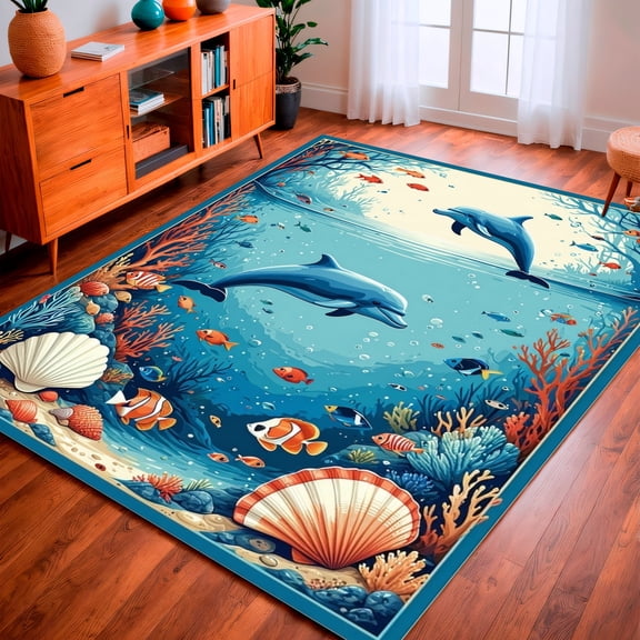 ODIKA 8'x10' Machine Washable Non-Slip Area Rug, Oceanic Animal Parade Showcasing Dolphins Fish and Seashells High Traffic Rug, Blue, 140509