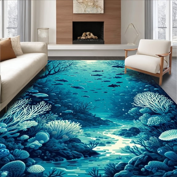 Flatwoven High Traffic Area Rug, Oceanic Depths Abstract Sea Life Motif, Non Slip, Stain Resistant, Washable Area Rugs for Living Room, Bedroom(Teal, 6X9)