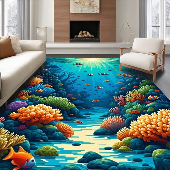 Flatwoven High Traffic Area Rug, Oceanic Depths Illusion Fish, Non Slip, Stain Resistant, Washable Area Rugs for Living Room, Bedroom(Blue, 2X3)