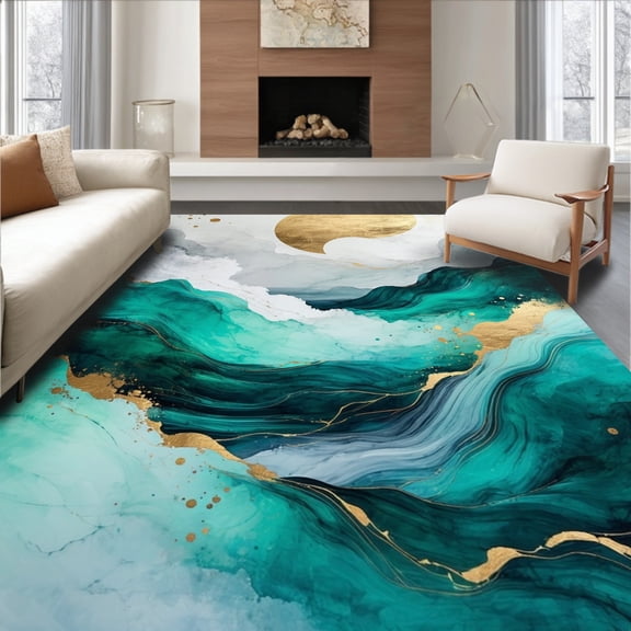 ODIKA 4'x6' Machine Washable Non-Slip Area Rug, Oceanic Dream Round Grey & Teal Abstract High Traffic Rug, Green, 109628