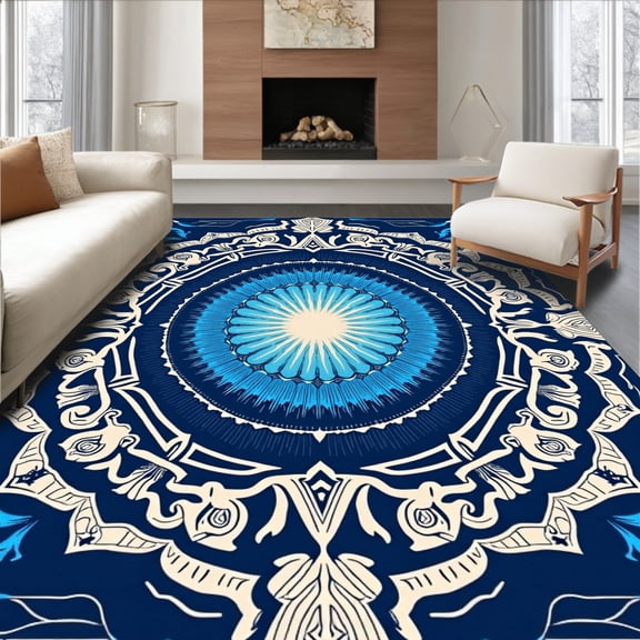 Flatwoven High Traffic Area Rug, Oceanic Half Moon with Sea Turtle and Floral Accents, Non Slip, Stain Resistant, Washable Area Rugs for Living Room, Bedroom(Blue, 2X3)