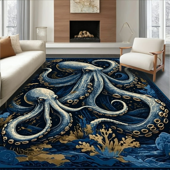 ODIKA 2'x3' Machine Washable Non-Slip Area Rug, Oceanic High Traffic Rug, Blue, 94248
