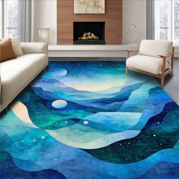ODIKA 8'x10' Machine Washable Non-Slip Area Rug, Oceanic Nebula with Siliceous Bubbles and Horizon Waves High Traffic Rug, Blue, 176657