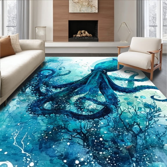 Flatwoven High Traffic Area Rug, Oceanic Octopus Art with Nautical Watercolor Waves and Marine Motifs, Non Slip, Stain Resistant, Washable Area Rugs for Living Room, Bedroom(Blue, 2X3)