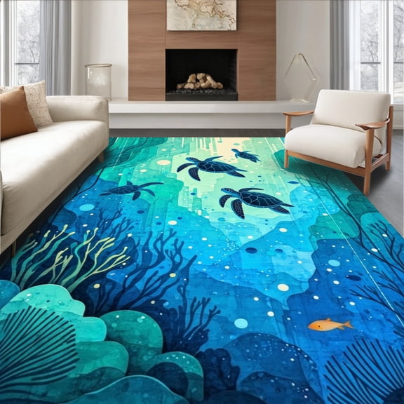 ODIKA 8'x10' Machine Washable Non-Slip Area Rug, Oceanic Patterned Marine Animal Non Slip High Traffic Rug, Blue, 84467