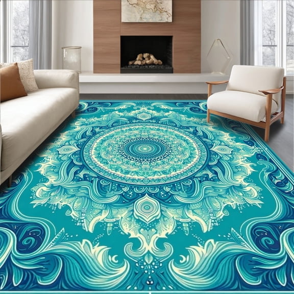 Flatwoven High Traffic Area Rug, Oceanic Swirl Medallion Classic Round Home Accent, Non Slip, Stain Resistant, Washable Area Rugs for Living Room, Bedroom(Teal, 2X3)