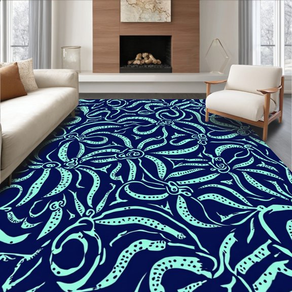 ODIKA 2'x3' Machine Washable Non-Slip Area Rug, Oceanic Tentacle Art High Traffic Rug, Blue, 316708