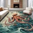 thumbnail image 1 of ODIKA 8'x10' Machine Washable Non-Slip Area Rug, Oceanic Voyage Tentacled Creature Cartography With Compass Design High Traffic Rug, Brown, 38694, 1 of 7