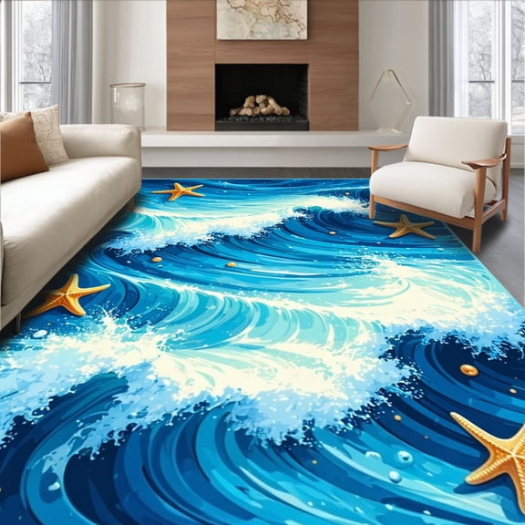 ODIKA 4'x6' Machine Washable Non-Slip Area Rug, Oceanic Wave with Starfish and Flip Flop Accents High Traffic Rug, Blue, 98336