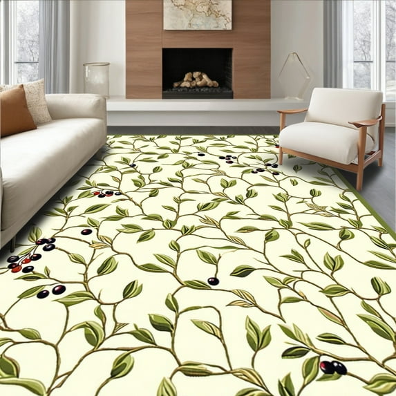 ODIKA 6'x9' Machine Washable Non-Slip Area Rug, Olive Branch Mediterranean Leaf High Traffic Rug, Green, 228084