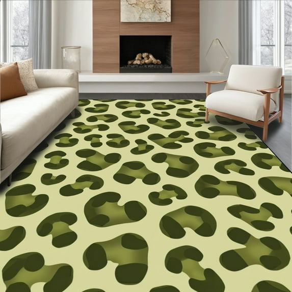 ODIKA 6'x9' Machine Washable Non-Slip Area Rug, Olive Green Irregular Animal Print High Traffic Rug, Ivory, 328675
