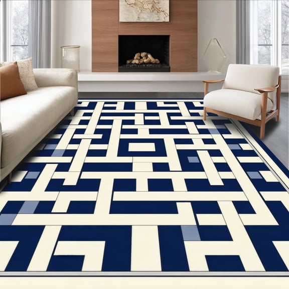 ODIKA 4'x6' Machine Washable Non-Slip Area Rug, Optical Illusion Dimensional Maze Geometric Trellis High Traffic Rug, Navy, 165535