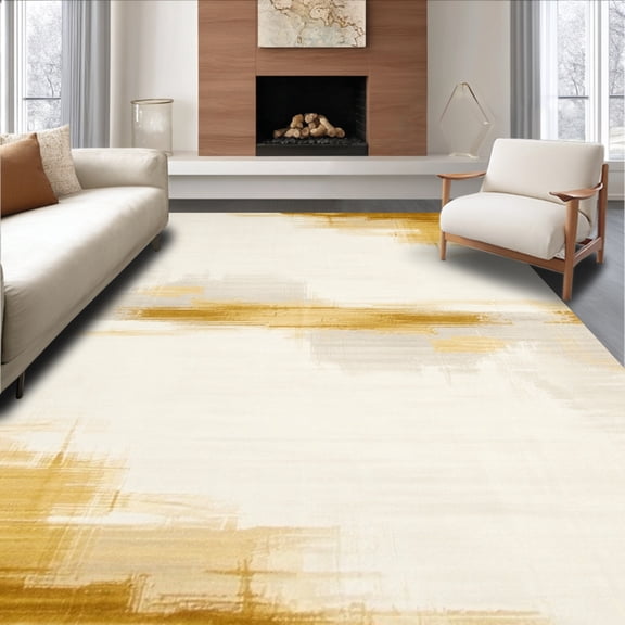 ODIKA 4'x6' Machine Washable Non-Slip Area Rug, Opulent Golden Brushstroke Abstract High Traffic Rug, Beige, 155137