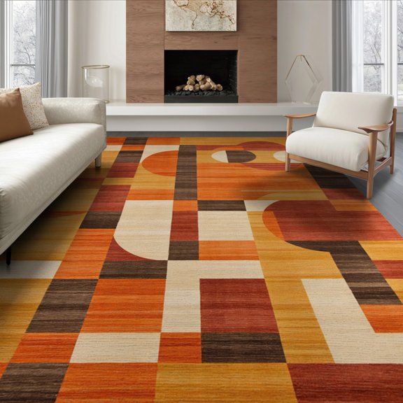 ODIKA 6'x9' Mid Century Modern Orange Washable Area Rug for Family Room, Living Mater Bedroom, Non-Slip, Easy Care